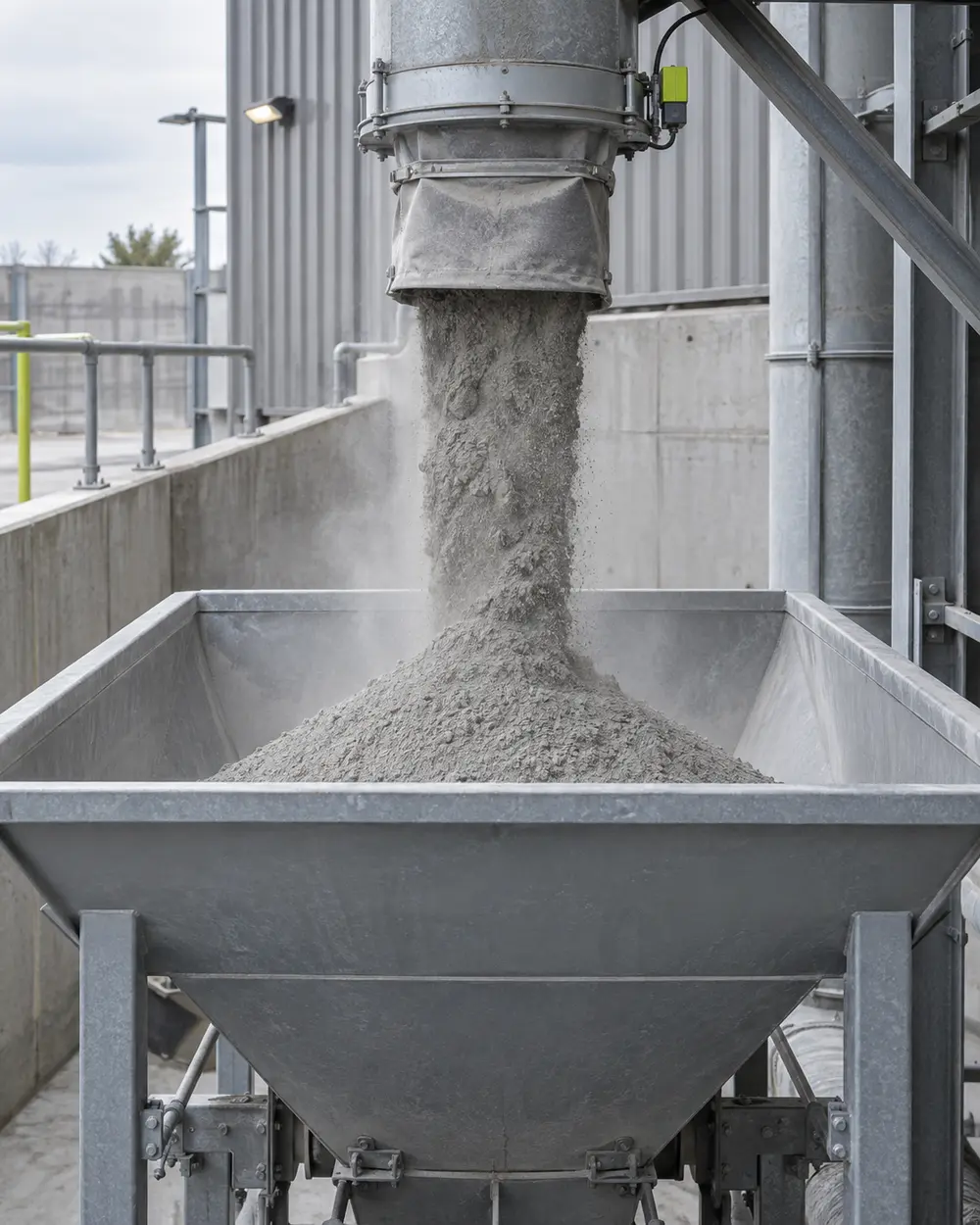 Grey cement powder flowing from a loading spout into a metal hopper
