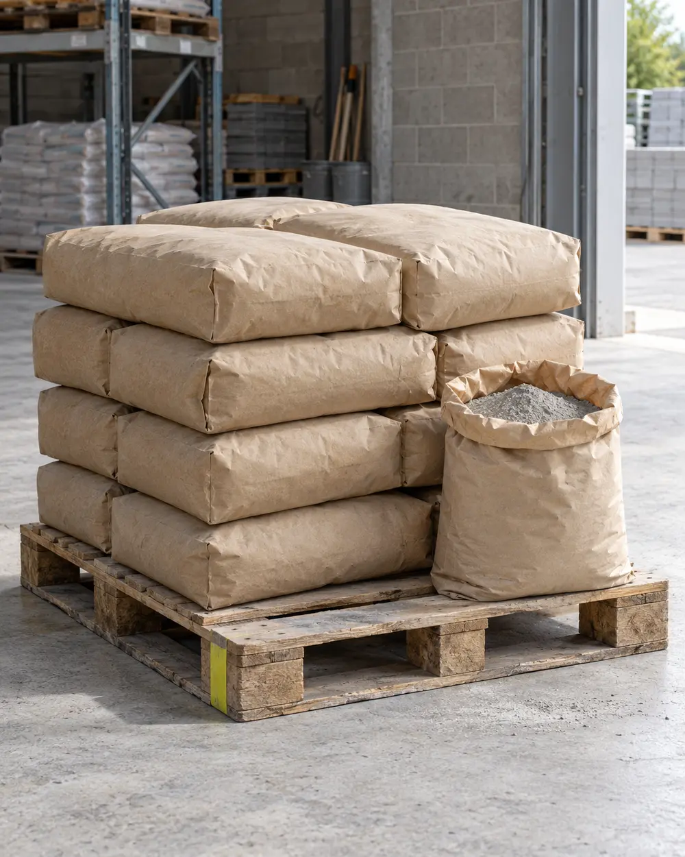 Plain paper bags of grey Portland cement arranged on a timber pallet