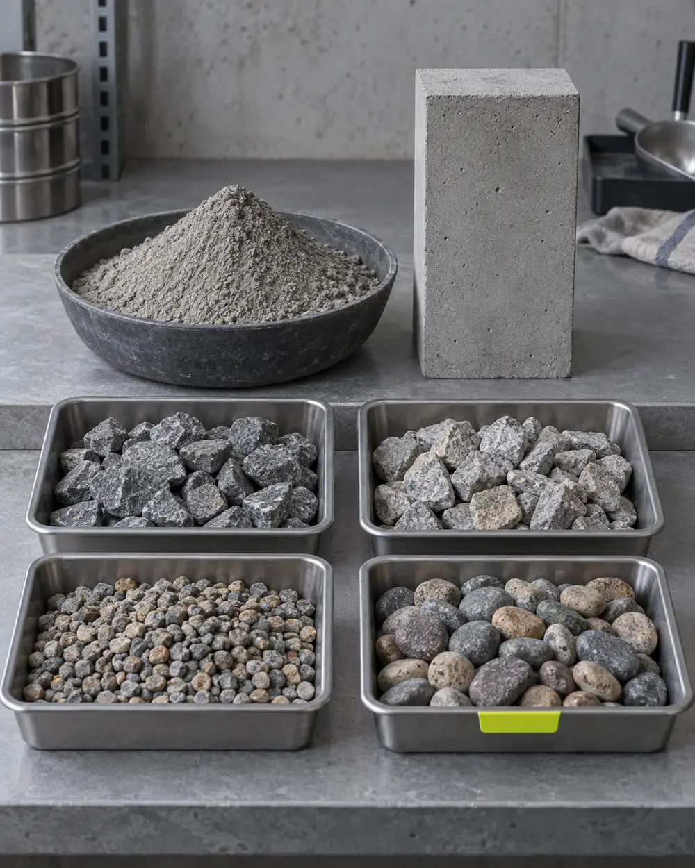 Concrete sample, cement powder and separated trays of natural aggregates on a testing bench