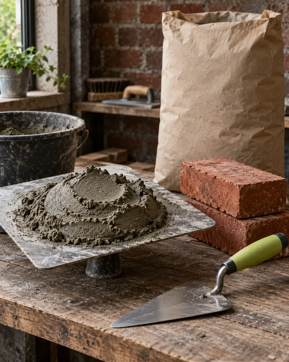 Fresh mortar on a hawk board with red bricks, a trowel and plain paper cement bag