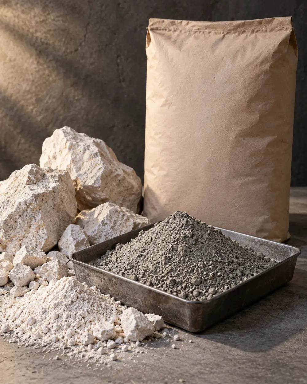 Grey cement powder with pale limestone fragments, a sample tray and plain paper bag