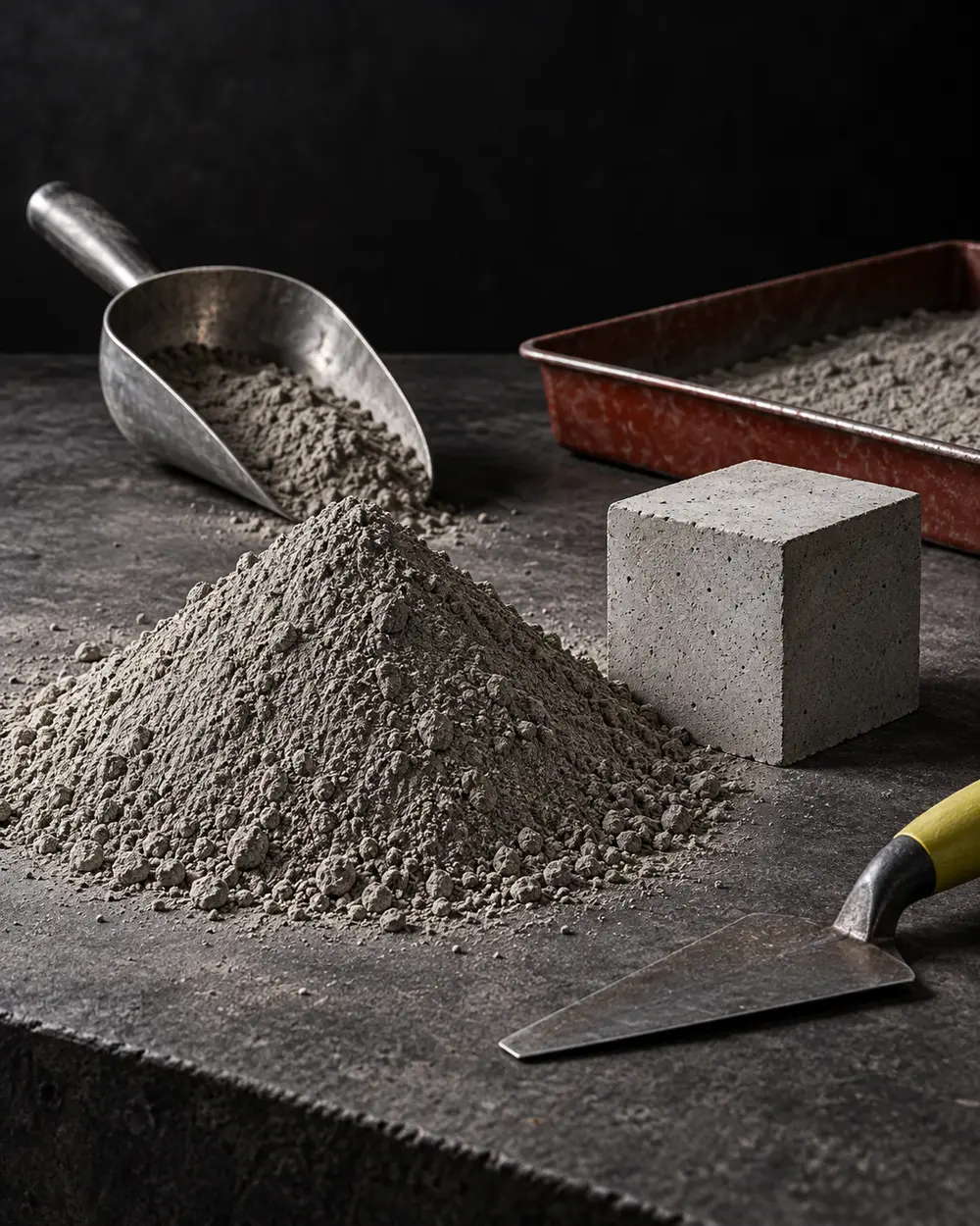 Grey cement powder, a concrete sample cube, scoop and sample tray on a dark workbench