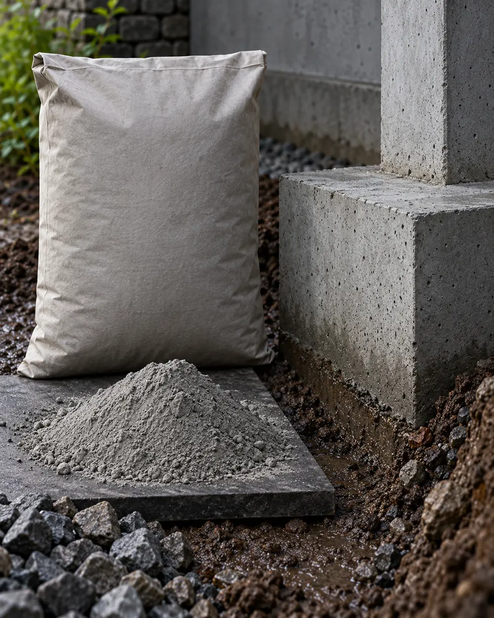 Unbranded cement bag and concrete foundation samples beside damp mineral soil and gravel