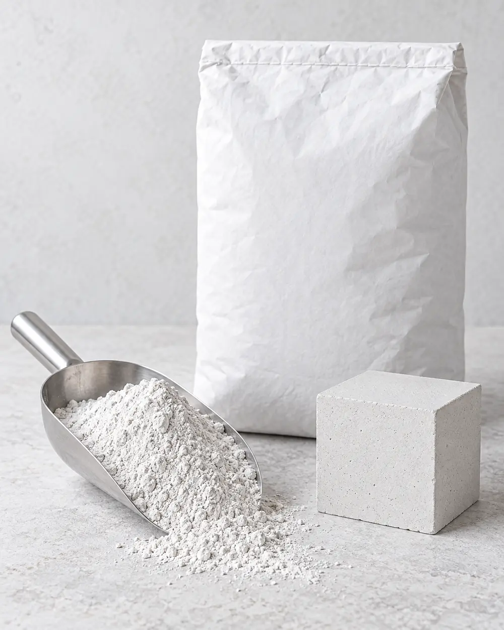 White cement powder in a steel scoop with a pale cast sample and plain white bag