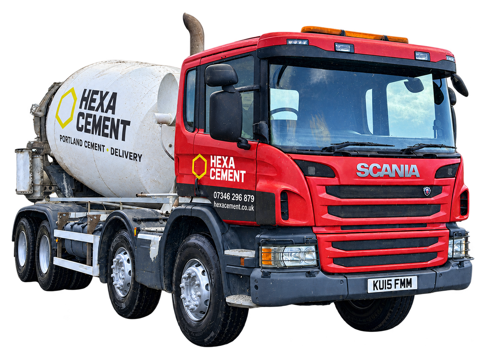 Hexa Cement red Scania cement mixer with branded round drum
